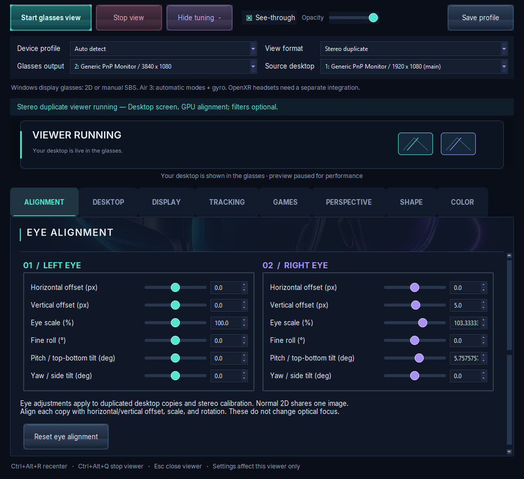 Screenshot of the Alignment tab in Complete VR Studio: separate left-eye and right-eye horizontal and vertical offset, eye scale, fine roll, pitch and yaw sliders