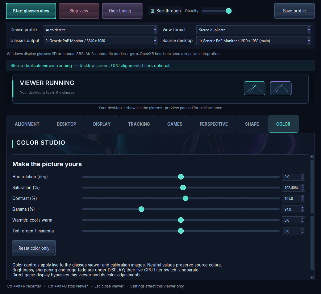 Screenshot of the Color tab in Complete VR Studio: hue rotation, saturation, contrast, gamma, warmth and tint sliders