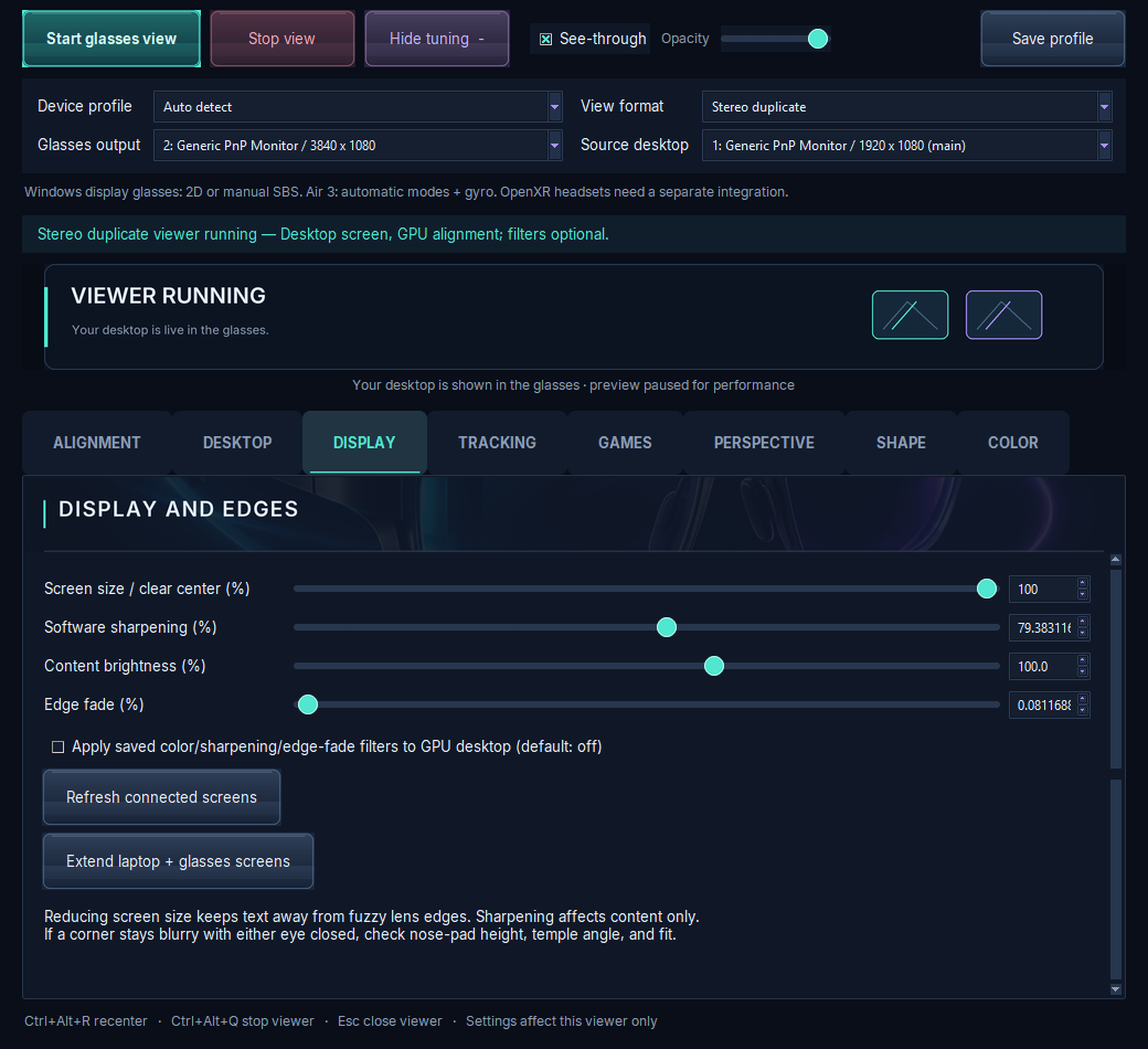 Screenshot of the Display tab in Complete VR Studio: screen size, software sharpening, content brightness and edge fade sliders, plus screen refresh and extend controls