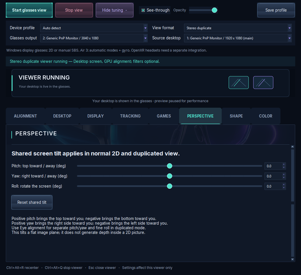 Screenshot of the Perspective tab in Complete VR Studio: shared pitch, yaw and roll screen-tilt sliders
