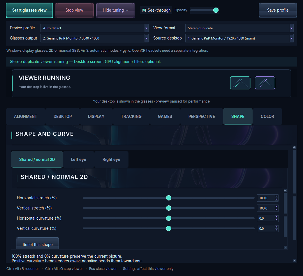 Screenshot of the Shape tab in Complete VR Studio: shared, left-eye and right-eye horizontal and vertical stretch and curvature sliders
