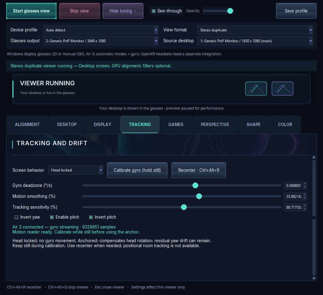 Screenshot of the Tracking tab in Complete VR Studio: screen behavior, gyro calibration and recenter, gyro deadzone, motion smoothing and tracking sensitivity controls